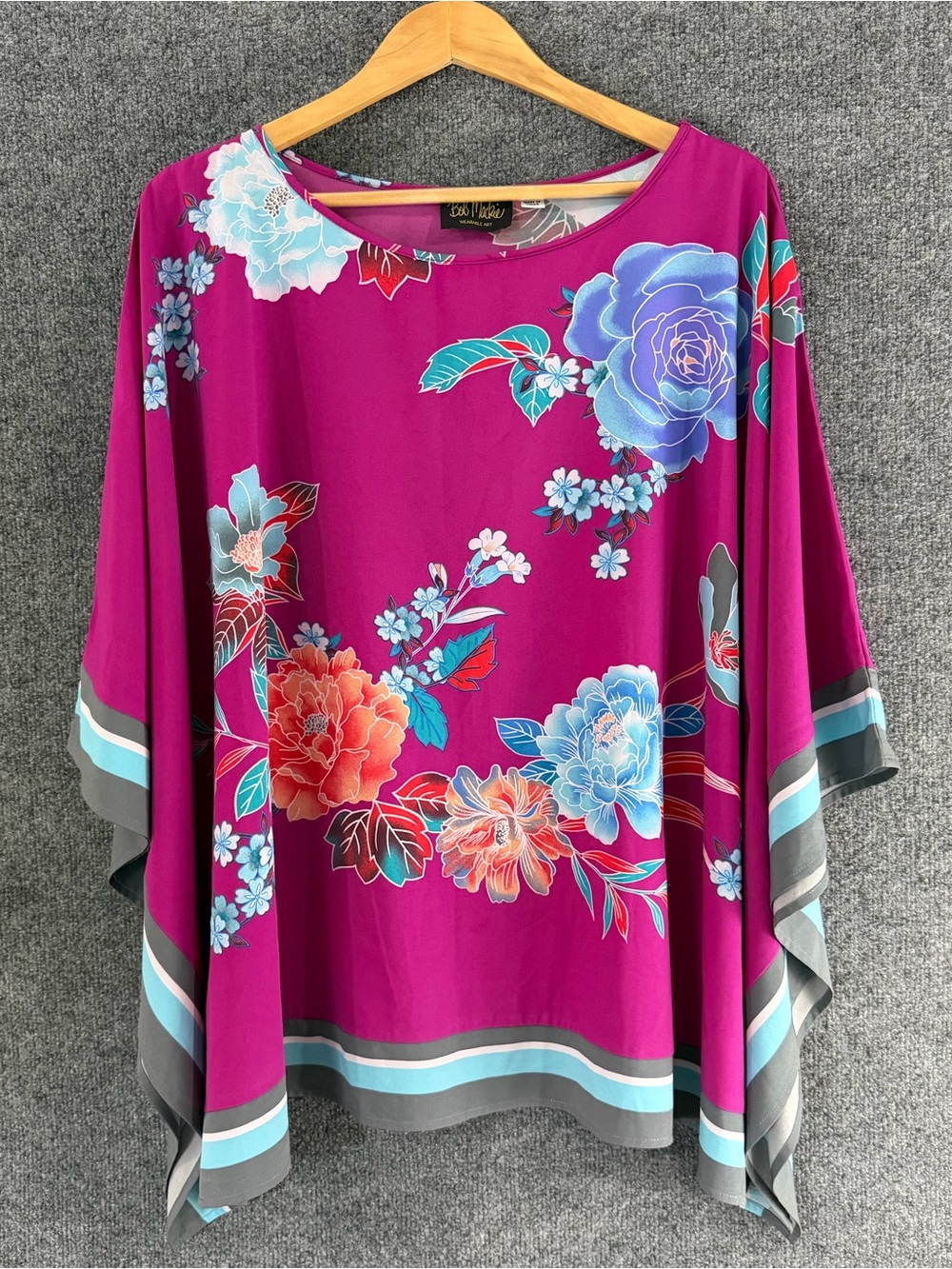 Bob Mackie Womens Artsy Kimono Sleeve Floral Top Size 2X Purple Blue Flowy